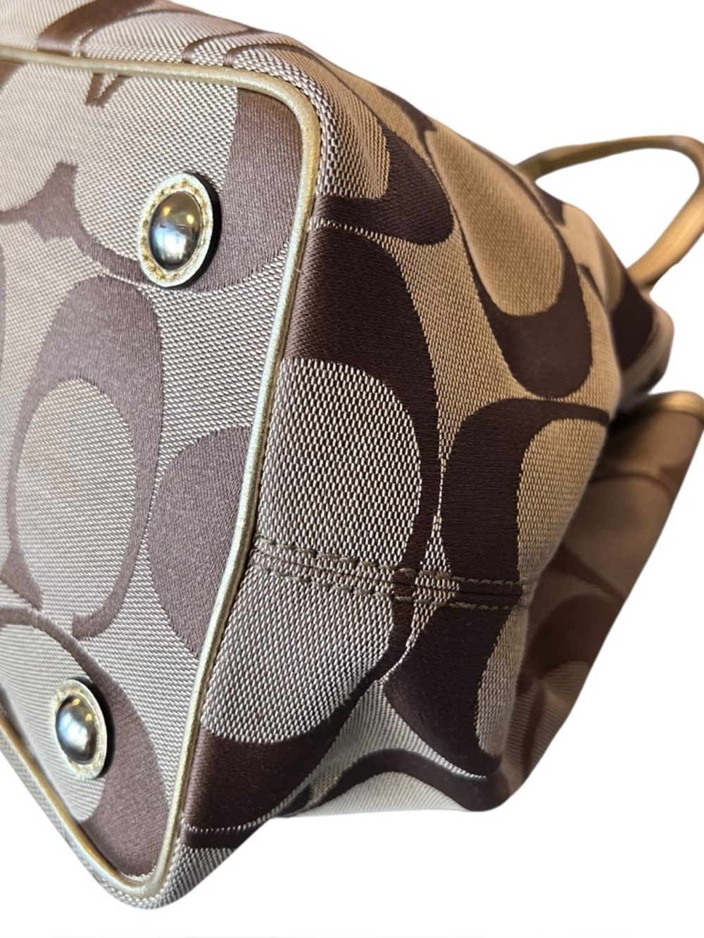 Coach Khaki Gold Y2K Vintage Kisslock Signature Stripe Framed Carryall Tote Bag - Picture 11 of 15